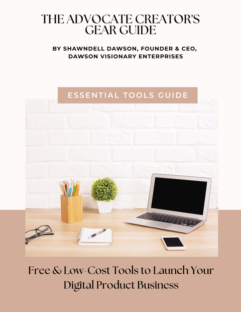 The Advocate Creator's Gear Guide with desk image that has a laptop, small plant, and eye glasses on the desk.